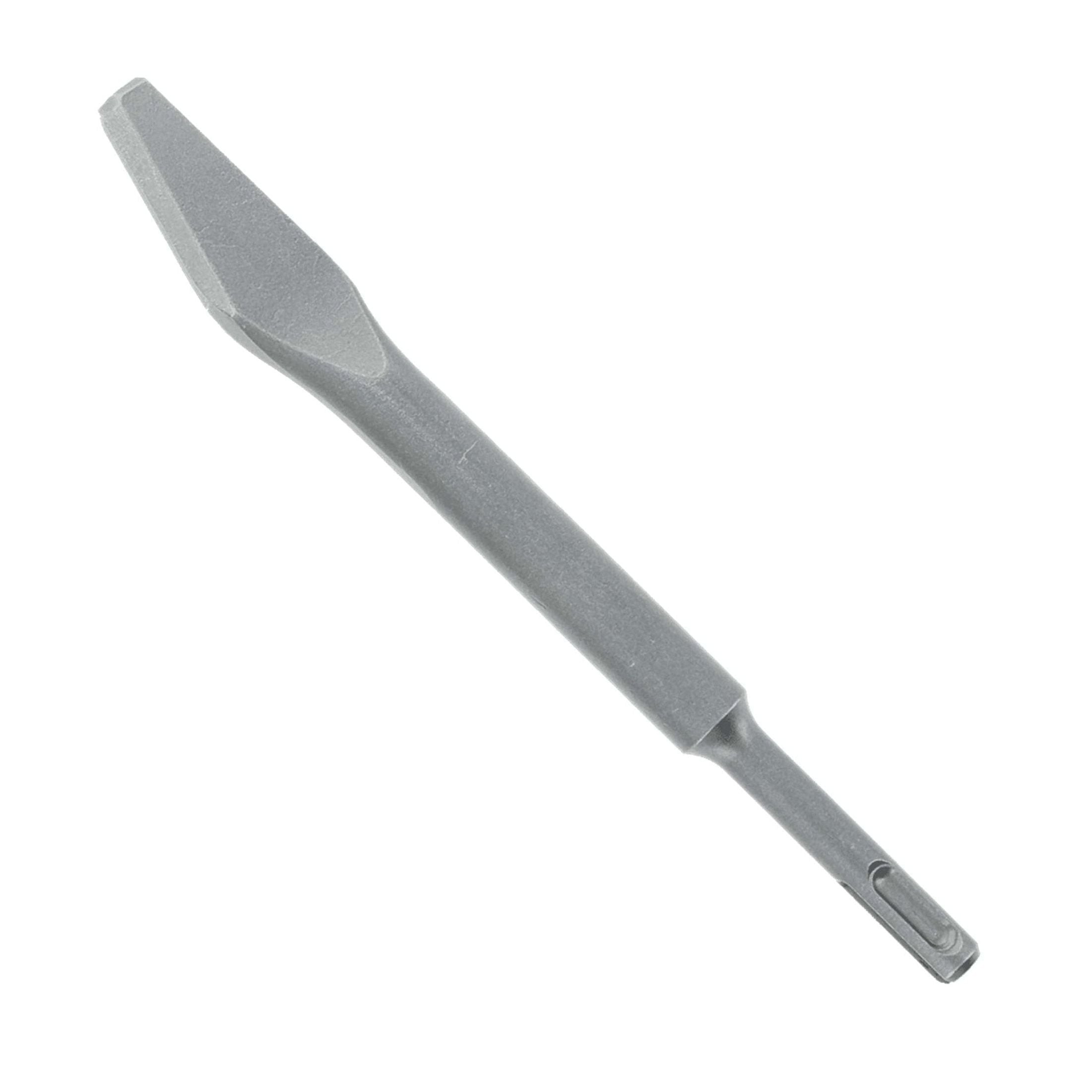 The Diablo DMAPLCH2050 3/8 in. SDS-Plus Mortar Knife features a pointed, flat head and cylindrical handle designed for mortar removal. Ideal for use with rotary hammers, this metal chisel is isolated on a white background.